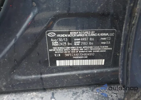 2013 Hyundai Sonata Se 2.0T из США, поврежденный, VIN 5NPEC4AB7DH804910